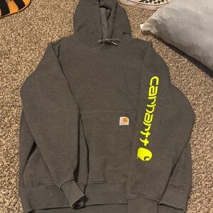 Carhartt Men's Dark Gray Hoodie with Bright Yellow Logo